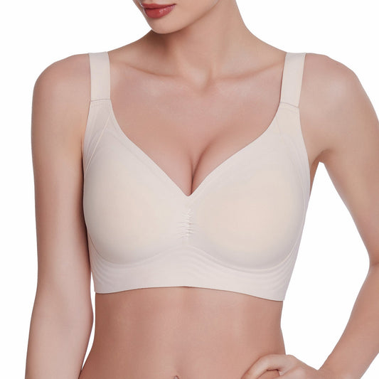 Beige bra worn by a model on a white background