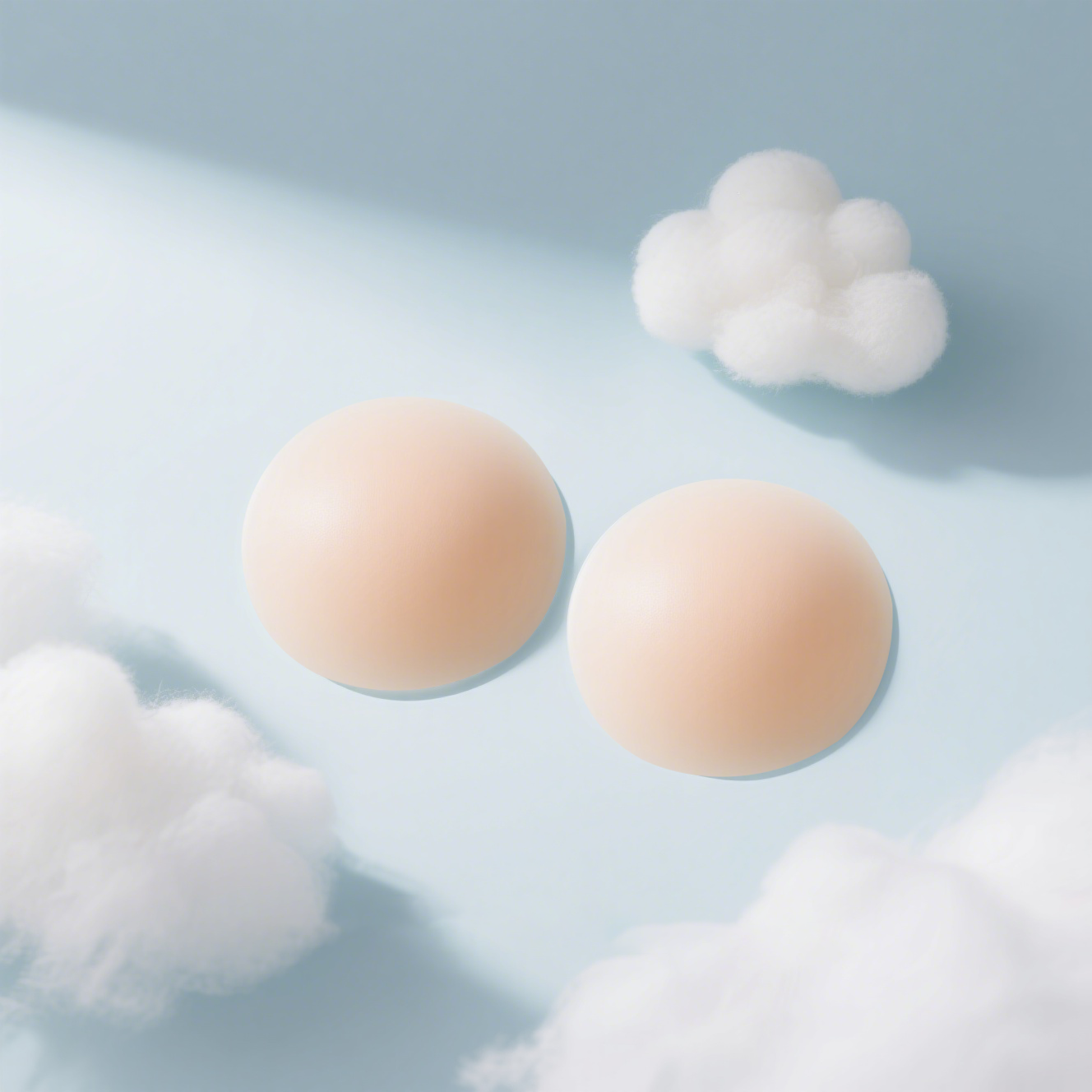 VRCÔMFY cloud-soft nipple covers in delicate nude tone with seamless rounded design, set against a serene sky-blue backdrop with ethereal cotton accents | Heavenly comfort and featherlight adherence for a barely-there, natural feel