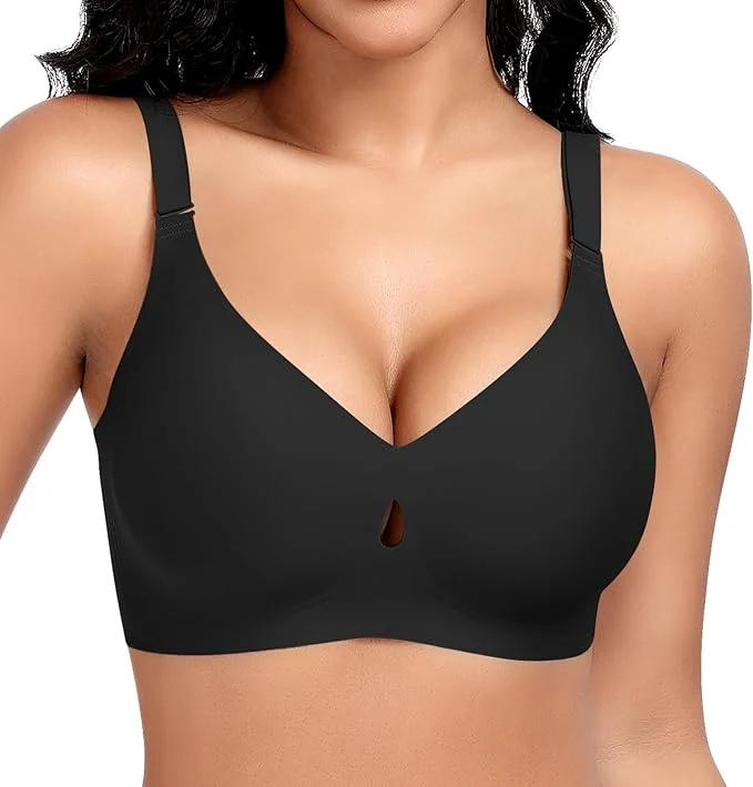 Black bra worn by a model on a white background