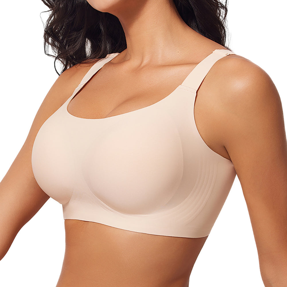Beige bra worn by a model on a white background